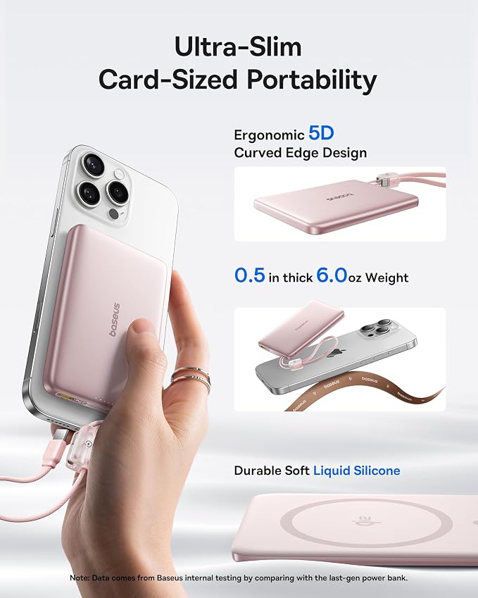 Baseus Picogo Qi2 15W Magsafe Portable Charger, 0.5" Ultra Slim 10000mAh Wireless Power Bank with 27W Built-in USB-C Cable, Magnetic Battery Pack for iPhone 17 Pro Max/17 Pro/Air/16/15/14/13/12