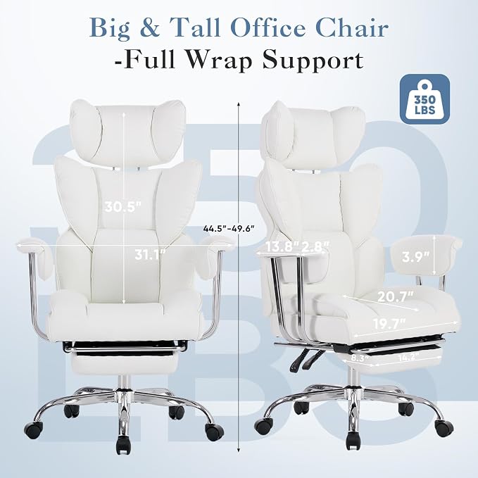 DUMOS Big and Tall Office Chair 350 LBS, Scratch-Resistant PU Leather Executive Office Desk Chair with Footrest, Ergonomic Reclining Computer Chair with Pocket Spring Support for Home Office, White