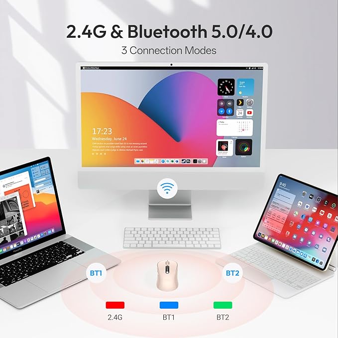 XBG B15pro Wireless Bluetooth Mouse, Bluetooth 5.0/4.0 & 2.4G Tri-Mode, Type-C Rechargeable with LED Screen Display, Ergonomic Silent Click for Laptop/PC/Tablet, Multi-Device & Office Use-Pink