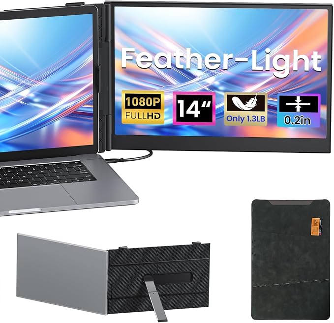 Vixtan 1.3lbs Ultra-Light Laptop Screen Extender, 14" FHD 1080P Portable Dual Monitor, Ultra-Thin Plug & Play for 13"-17" Laptops