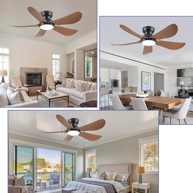 Kviflon 46 Inch Modern Ceiling Fans with Lights, Flush Mount Ceiling Fan, Remote/APP Control, 5 Reversible Curved Blades, 6 Speeds, 3 CCT Dimmable LED Lights for Bedroom Kids Room, Brown