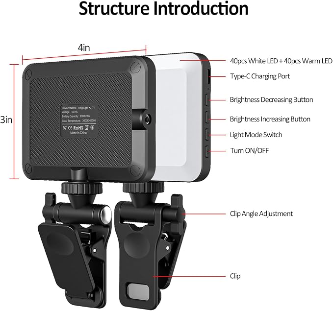 XINBAOHONG Rechargeable Selfie Light, Clip Fill Light for Phone Laptop Tablet Portable Light for Video Conference Live Streaming Zoom Call Makeup Picture (Black)