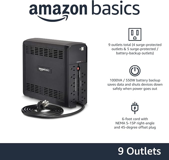 Amazon Basics UPS Battery Backup & Surge Protector, 1000VA/550W, 9 Outlets, Line Interactive Uninterruptible Power Supply with AVR Sinewave Technology, Black