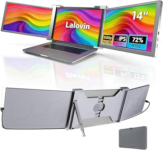 14" Triple Laptop Screen Extender, 1080P FHD IPS Portable Laptop Monitor for 14"-17.3" Laptops, Plug & Play Laptop Monitor Extender with USB-C/HDMI for Mac/Windows/Chrome/Android, Gray