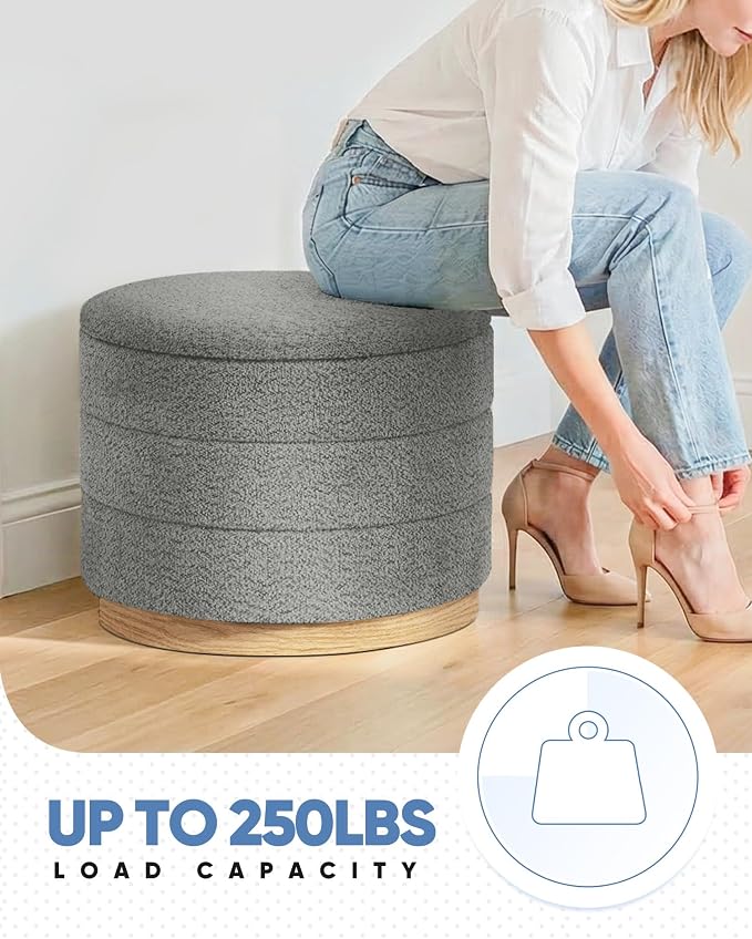 B FSOBEIIALEO Round Storage Ottoman with Tray, Folding Ottoman with Storage Coffee Table Foot Rest for Dorm Room Living Room Chenille Fabric,Grey,22.83"x22.83"x17.35"