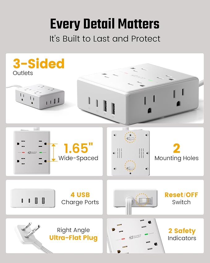 20Ft Long Extension Cord, Flat Plug Power Strip with 8 Outlets & 4 USB Ports (2 USB C), Wall Mountable Surge Protector, Desk Charging Station for Home Office, College Dorm Room Essentials