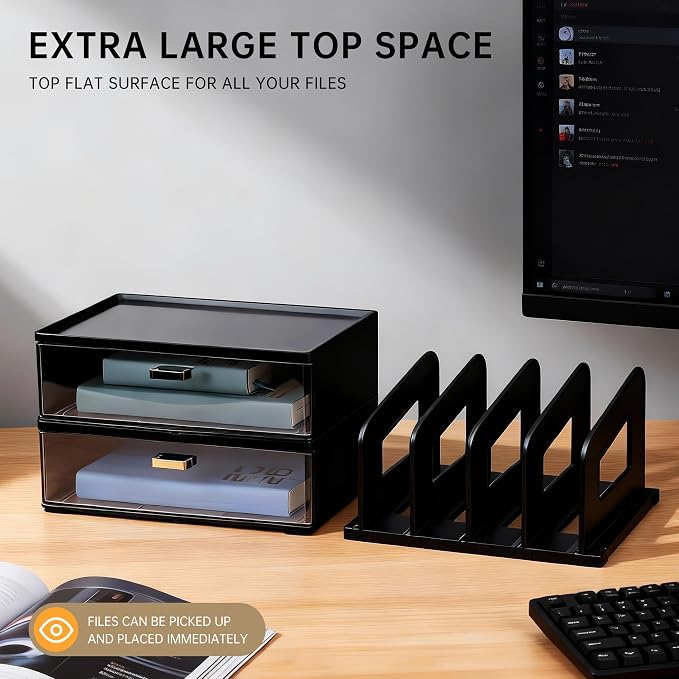 CiWiVOKi Desk Organizer with 4 File Holder Slots, 2 Clear Drawers & Dual Pen Holders, Sturdy Multi-Functional Desktop Storage for Home Office, Mail Sorter & Caddy, Black