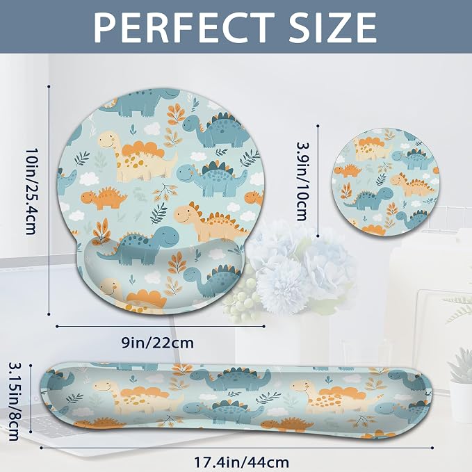 Ergonomic Memory Foam Wrist Rest Set for Keyboard and Mouse,Cute Dinosaur Supportive Mouse Pad with Non Slip Base for Office Work and Gaming