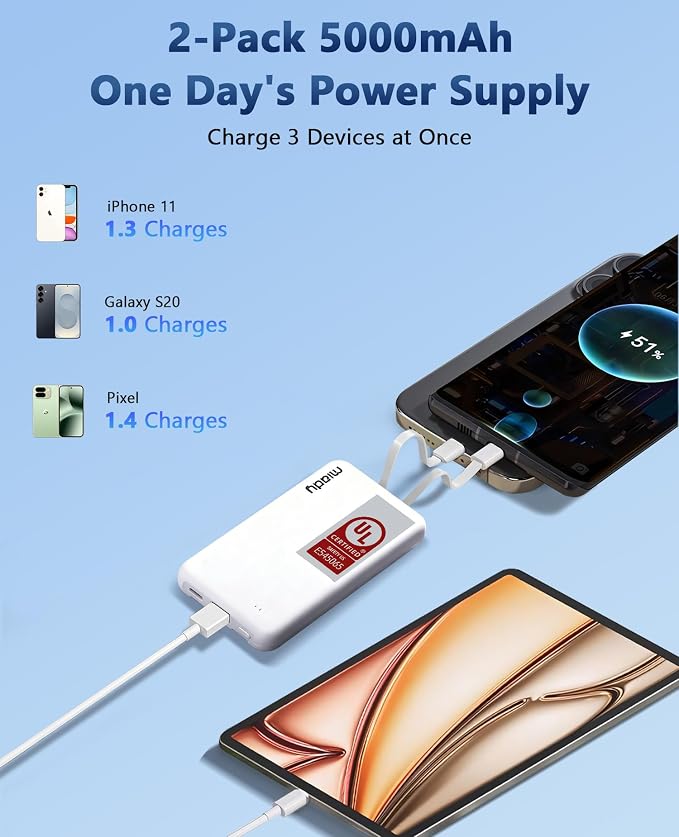 Miady 2-Pack Small Portable Charger UL Listed, 5000mAh Slim Power Bank Built-in 2 Cables Compatible with iPhone 17/16/15/14/13 Galaxy S24/S22 etc (Lake Green+Clove Purple)