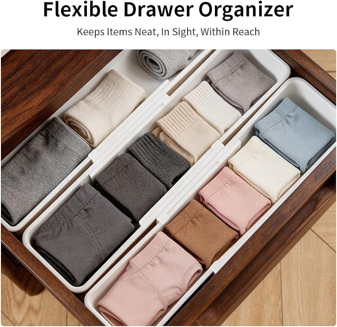 Adjustable Drawer Organizers Expandable,Drawer Divider Inserts for Makeup Cosmetics,Underwear Socks,Office Supplies,or Bathroom Storage,Multi-Purpose Plastic Drawer Trays