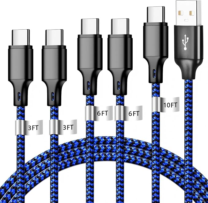 USB A to USB C Charger Cable, 5 Pack [3/3/6/6/10ft] Type C Fast Charging Cord High Data & Transfer Wire Compatible for iPhone 17/16/15 Plus/Pro Max iPad Ps5 Controller Samsung Galaxy(Black Blue)