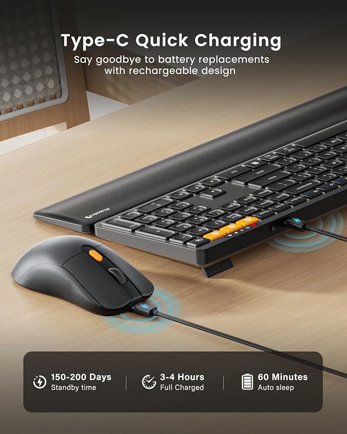 ProtoArc KM60 Wireless Bluetooth Keyboard and Mouse, Ergonomic Keyboard with Wrist Rest, Multi-Device, 2.4GHz + Dual Bluetooth, Full Size, Rechargeable, for Laptop/Computer/PC/Windows/Mac, Black
