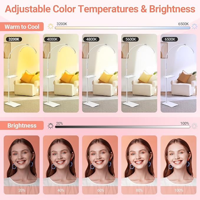 LIONVISON Half Moon Lash Light: 6500K LED Lamp Ring Light with Tray - 360° Flexible Gooseneck Durable Metal Stand - Salon Use for Lash Artists Eyelash Extensions (18In White)