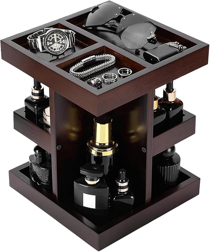 EXIN DECHEN Cologne Organizer for Men,Cologne Stand,3 Tier Wooden Perfume Shelf with Rotate,Desk Organizer,Gift for Dad From Wife,Husband Boyfriend Birthday Gift Ideas,Fathers Day Gift for Men