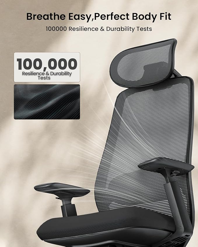 ProtoArc EC200 Ergonomic Office Chair – High-Back Mesh Computer Chair with Lumbar Support, Adjustable Seat Depth & 3D Headrest Ergo Desk Chairs for Work from Home, 8+ Hours Comfort – Black