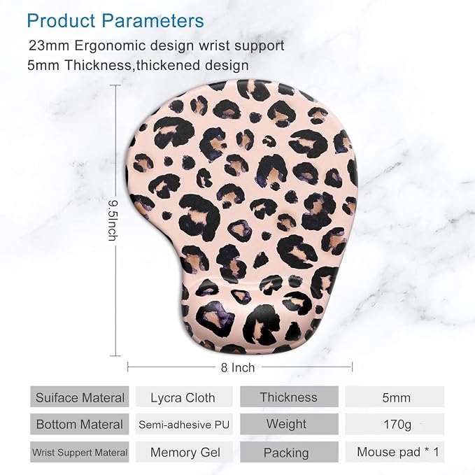 ITNRSIIET Ergonomic Mouse Pad with Gel Wrist Support Wrist Rest Smooth Surface Non-Slip PU Base Comfortable Office Supplies Pain Relief, 9.5 x 8 inches, Leopard Black Purple