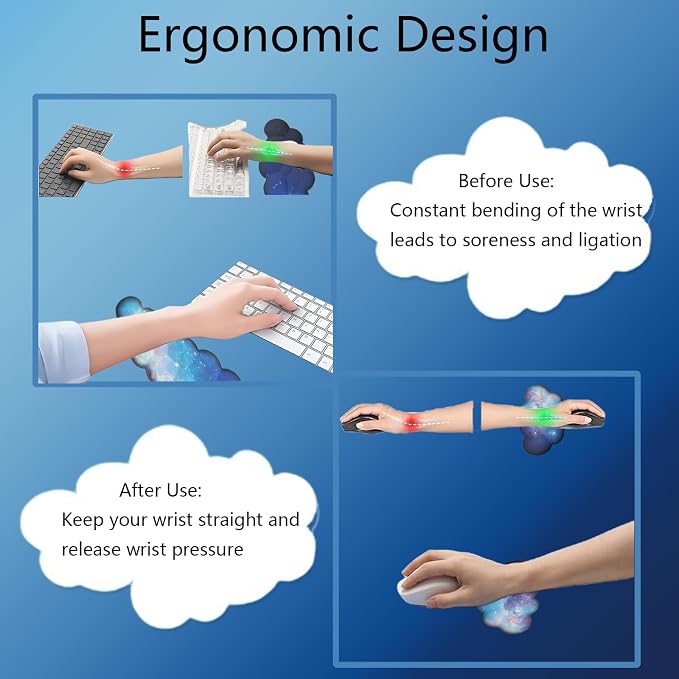 Cloud Wrist Rest Keyboard Galaxy Mouse Pad Set Gradient Blue Large Desk Mat Ergonomic Space Wrist Pad Memory Foam Non-Slip Stars Wrist Support for Computer Laptop Gaming Home Office Relief Typing Pain