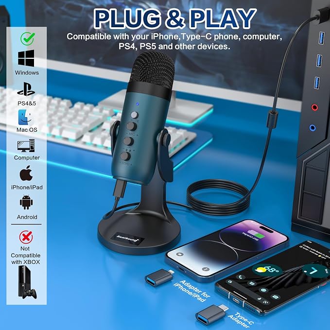 ZealSound USB Condenser Microphone,Computer PC Gaming Mic,Plug&Play Microphones for PS 4&5.Monitor Adjust&Volume Control,Mic Gain Control,Mute Button for TikTok,YouTube Podcast on Mac&Windows(Teal)