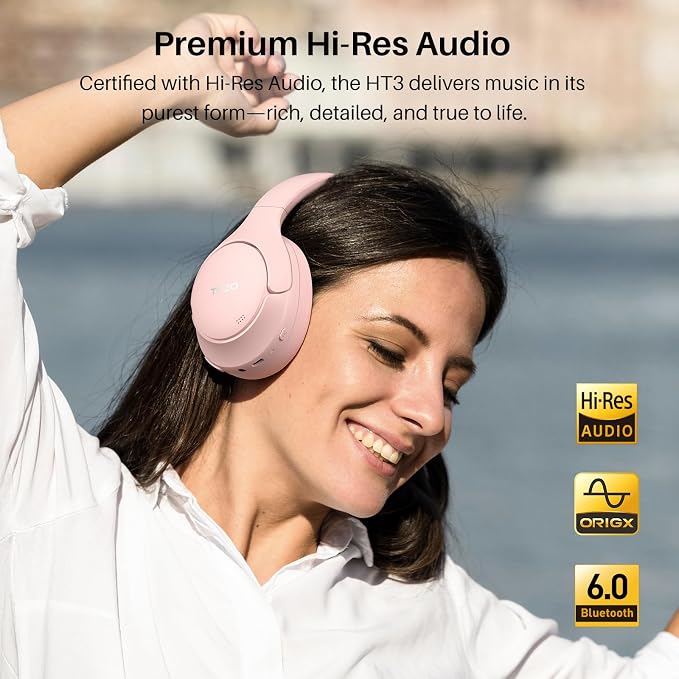 TOZO HT3 Hybrid Noise Cancelling Headphones, 90H Battery Life Wireless Over Ear Bluetooth 6.0 Foldable Headset, AI Voice Assistant with 5 Mics, Connect 2 Devices and Hi-Res Sound, 32 EQ Audio Presets
