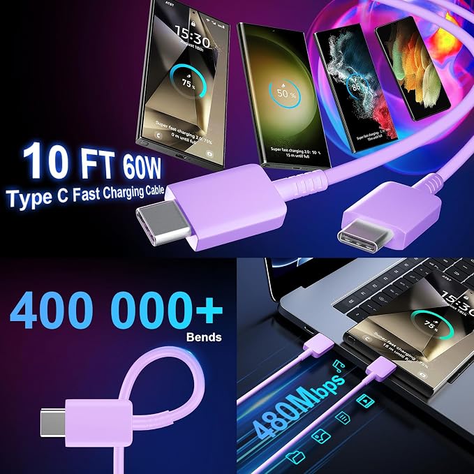 USB C Android Charger Fast Charging Cord, Super Fast Phone Chargers 10FT C to C Type Cable with 25W USBC Wall Block for Samsung Galaxy S26 S25 S24 Ultra Plus/S23/S22/S21/S20/Note 20/10, Purple
