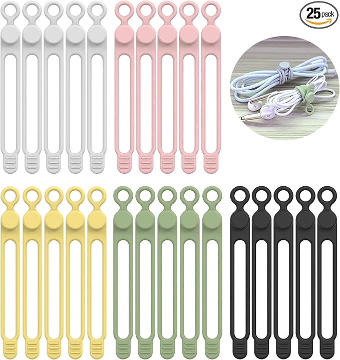 [25Park]UMUST Silicone Cable Ties,Reusable Cable Management Organizer,Cable Straps,Cord Ties,Multipurpose Elastic Cord Organizer for Bundling and Fastening Cable Cords Wires(Multi -colored)
