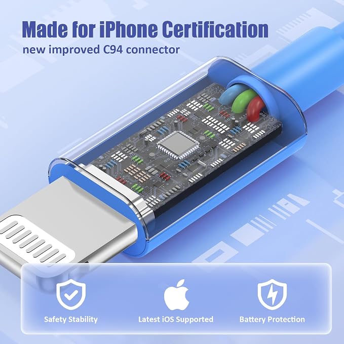 4Pack USB C to Lightning Cable 6FT, Fast Charging Cord for iPhone 14, Replacement for Apple Original Charger Cable for iPhone 14 13 12 11 Pro 11 XS MAX XR 8 7 6s Plus-Blue