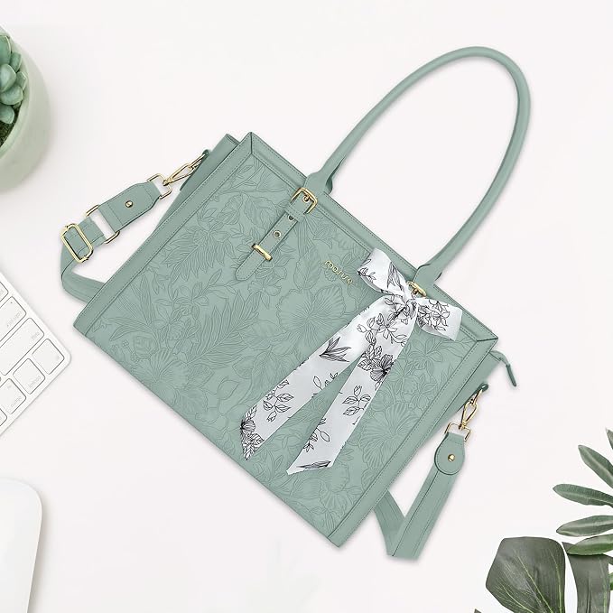 MOSISO Laptop Bag for Women, 15.6-16 inch PU Leather Tote Bag Compatible with MacBook, HP, Dell, Asus Notebook, Front Embossed Retro Hibiscus Computer Bags with Silk Scarf&Clutch Purse, Antique Green
