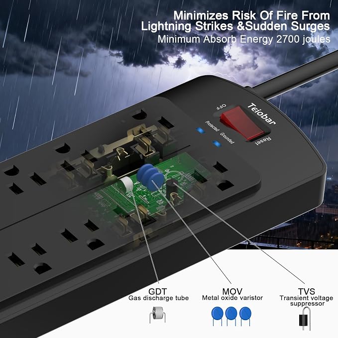 10 Ft Extension Cord Power Strip, Teiobar Surge Protector with 12 AC Outlets and 4 USB Ports for Home, Office, Dorm Essentials, 1875W/15A, 2700 Joules, ETL Listed, Black