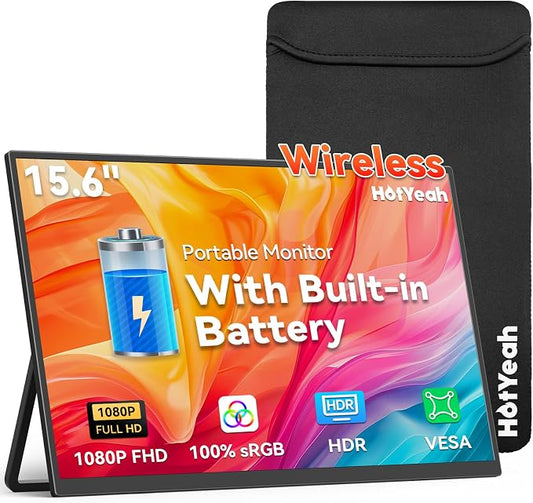 15.6“ Wireless Portable Monitor Battery-Powered, Support AirPlay Miracast, 1080P IPS Monitor USB-C HDMI External Display, 2nd Screen for Laptop MacBook PC Phone Tablet, w/Built-in Battery(4- 5H)
