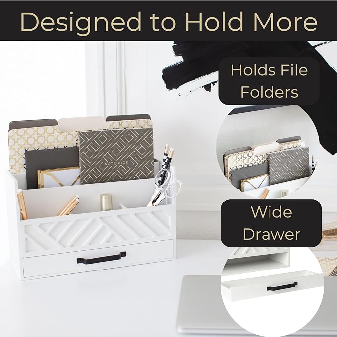 BLU MONACO | Wooden Mail Organizer with Drawer | Mail Organizer Countertop with 6 Compartments | Bill Holder for Desk | White Desktop Mail Sorter