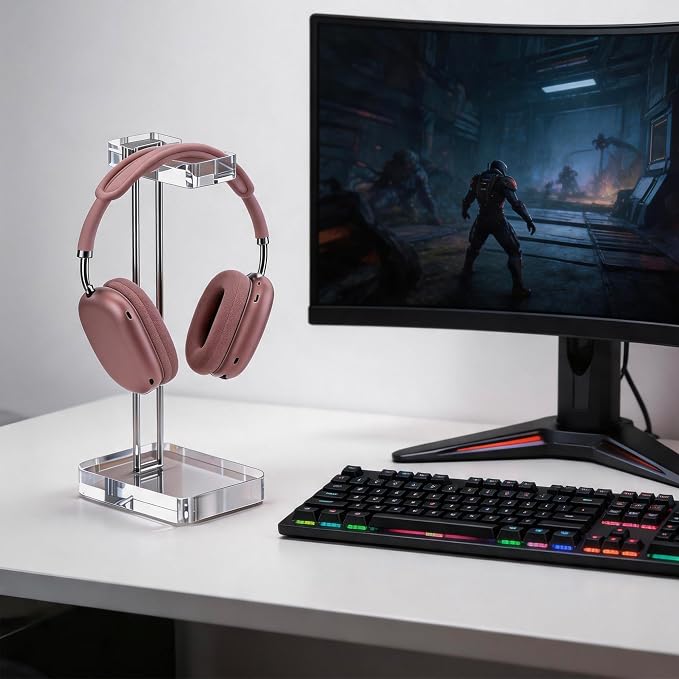 Acrylic Headphone Stand for Desk, Crystal Clear Headset Holder with Silver Metal Accent, Stable Non-Slip Base, Universal Gaming Headphone Hanger for PC Setup, Office & Home Desk Accessories