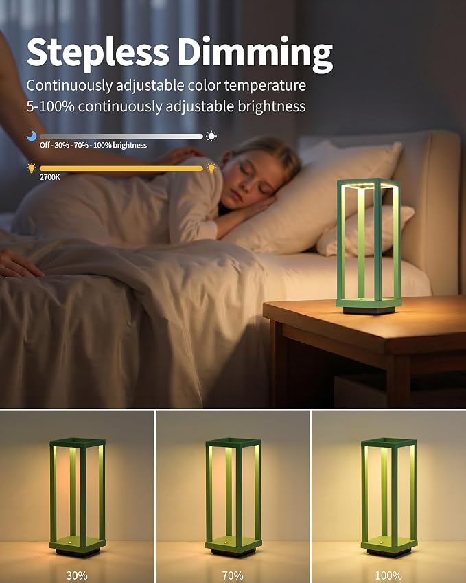 PUSU Cordless Waterproof Table Lamps Set of 2, Green Outdoor Rechargeable 4000mAh Battery Operated Desk Lamp 2700K 3-Level Dimmable, Portable LED Lighting for Patio, Camping, Bedroom, Night Light