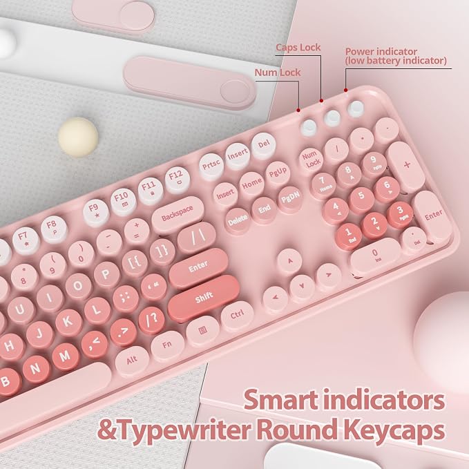 Fogruaden Pink Retro Typewriter Keyboard and Mouse Wireless, 2.4GHz Office Full-Sized Colorful Computer Keyboard with Number Pad and Cute Mouse for Windows PC Desktops Laptop
