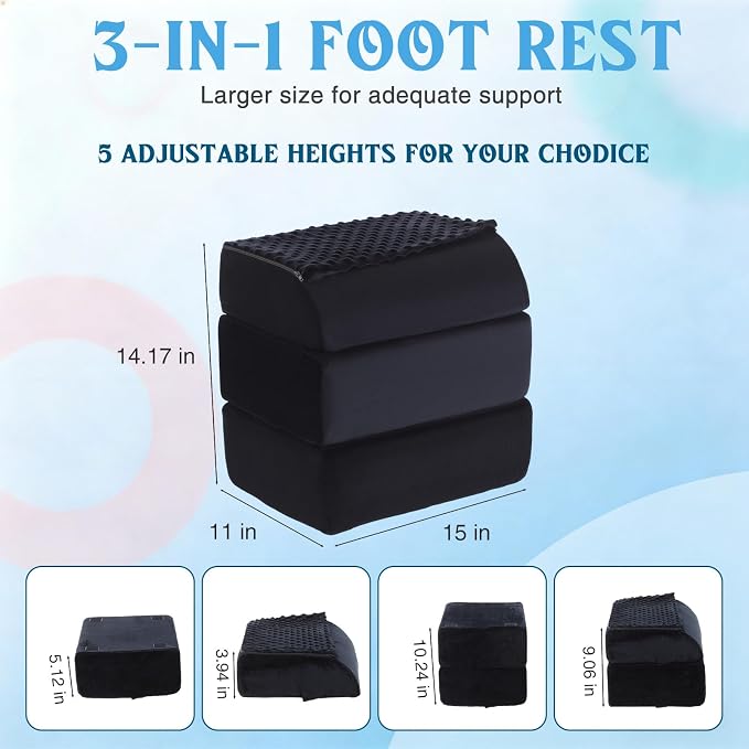 Novabright Foot Rest Under Desk, 3 Height Adjustable Ergonomic Foot Stool with Gel Textured Top and Cozy Pocket, Non-Slip Foam Footrest for Office Home Car(15" X 11" X 14.4",Cambered,Black)