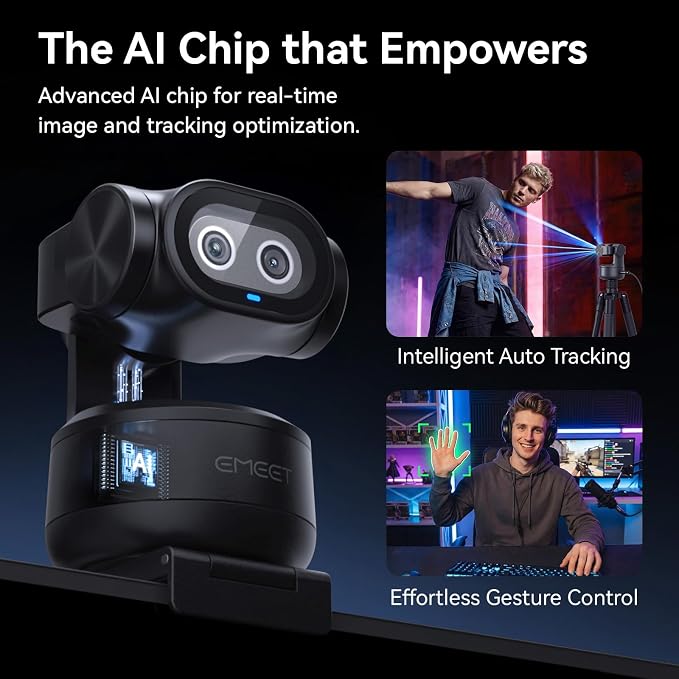 EMEET PIXY Dual-Camera AI-Powered PTZ Camera 2K, AI Tracking, PDAF&AI Autofocus 0.2s, 1/2.55'' Sony Sensor, 3 Mics, Presets, Gesture Control, 2K Webcam for Streaming and OBS/Twitch/Switch 2 Compatible