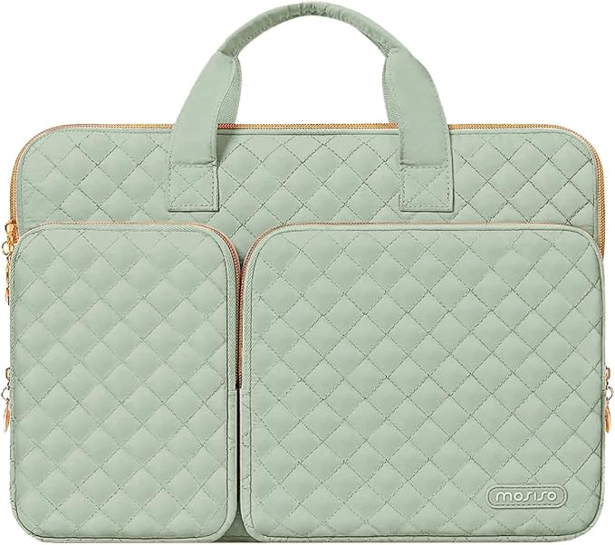 MOSISO 360 Protective Laptop Case 13.3 inch, 13-13.3 inch Laptop Sleeve Compatible with MacBook Air/Pro 13/Pro 14,HP Dell ASUS Lenovo, Square Quilted Bag Cover with 2 Pockets&Handle&Belt, Sage Green
