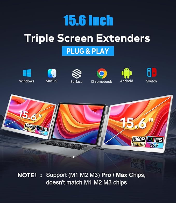 15.6" Laptop Screen Extender, Left Screen 360° Flip Triple Screen Monitor Extender, FHD 1080P IPS Portable Travel Monitor Display, fit for 13-17.3" Laptops, Compatible with Windows and MacBook-S10