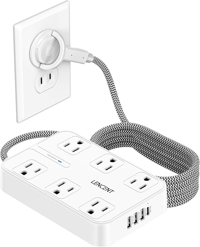 LENCENT 2 Prong Power Strip, 3 to 2 Prong Outlet Adapter, Surge Protector with 10ft Braided Extension Cord with Thin Flat Polarized Plug, 6 AC & 4 USB (1 Type-C), Wall Mount for Non-Grounded Outlet