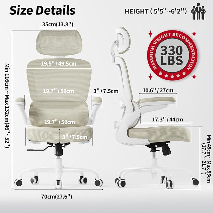 TRALT Ergonomic Office Chair - Desk Chair with Adjustable Headrest Lumbar Support Computer Chair - Mesh Comfy Chair with Flip-up Armrests - Gaming Chairs for Adults Home Office (Leather, Beige)