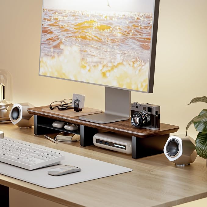 PEGZONE Dual Monitor Riser with Integrated Metal Shelf, Large Walnut Wooden Desk Shelf for 2 Monitors/TV, Wide 31.5" Long Monitor Stand Riser for Desk, Wood Monitor Stand Organizer for Home Office