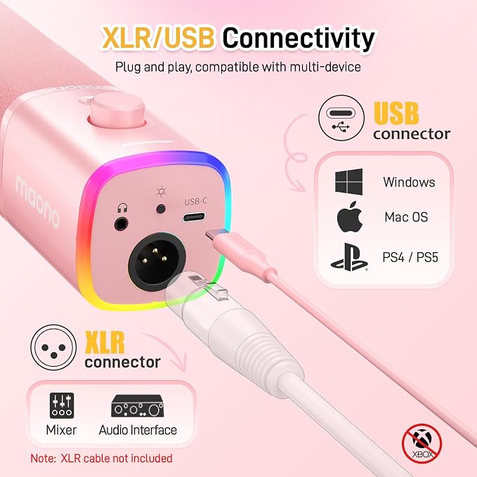 MAONO USB/XLR Podcasting Microphone for PC, Gaming Streaming Dynamic Mic with Mute Button, RGB, Desktop Stand,Computer Mic for Video Studio Recording-PD100X,Pink