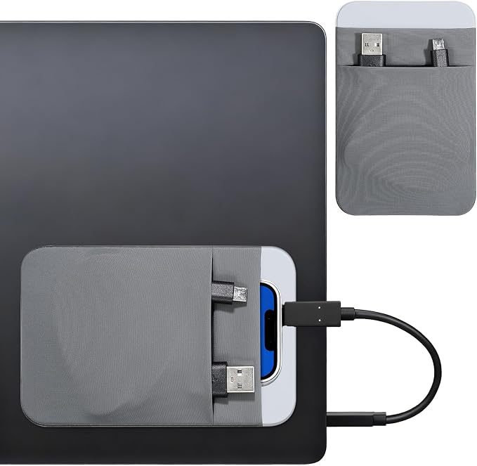 Portable Hard Drive Sleeve 2-Pocket Stick on Pouch with Reusable Adhesive SSD Hard Drives Carrying Case Computer Accessories Pouch Holder for Most Laptop External Solid State Drive Mouse USB Cable