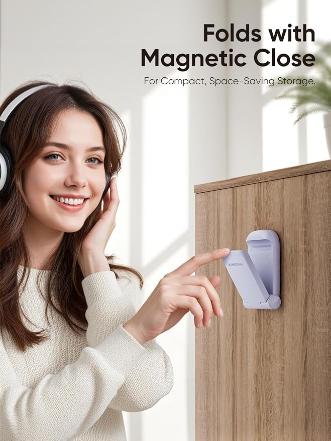 MAMUVIMO Headphone Stand, 2 Pack Headset Stand Foldable＆Sticky, Headphone Holder Hook Mount with Non-Slip Silicone, Adhesive Earphone Desk Hanger Clip Space-Saving for Airpods Max All Earphones Purple