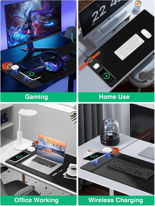 Mouse Pad with Magnetic Wireless Charging, Large Desk Mat, Non-Slip Mouse Mat, Keyboard Pad for Gaming, Desk, Office, PC (The Left Charging-Black)