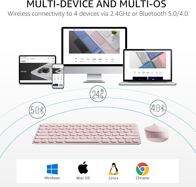 Rapoo Multi-Device Keyboard and Mouse Combo, 2.4GHz/Bluetooth 5.0/4.0 Wireless Keyboard & Mouse Set for Windows/Mac/Linux/Chrome, Support 4 Devices, Low-Profile Silent Click, Battery Powered, Pink