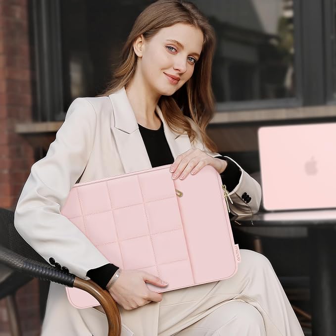 MOSISO Laptop Case 13.3 inch,13-13.3 inch Puffy Laptop Sleeve Compatible with MacBook Air 13 13.6/Neo/Pro 13/Pro 14,HP Dell ASUS,Twelve Square Quilted Bag with Vertical Pocket&Small Case, Pink