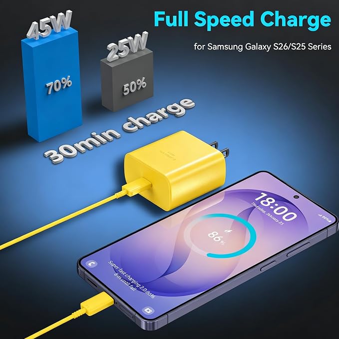45W Super Fast Charger USB C Android Phone Type C Charger Fast Charging Block with 6.6FT Cord for Samsung Galaxy S26/S26 Ultra/S26+/S25 Ultra/S25/S24 Ultra/S24/S23 Ultra/S22/S21/S20/Note 10, Yellow