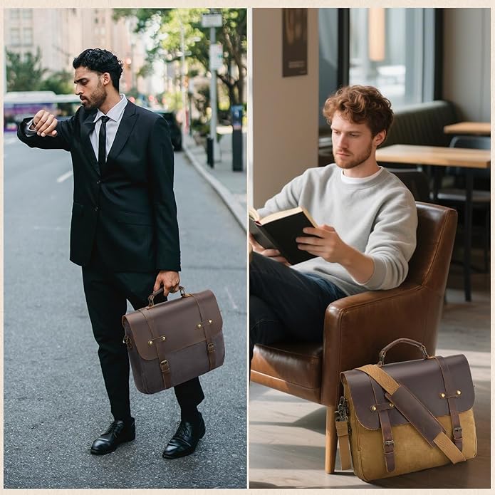 Mens Messenger Bag Waxed Canvas Laptop Briefcase 16“ Vintage Genuine Leather Crossbody Bags Waterproof Satchel Shoulder Bag