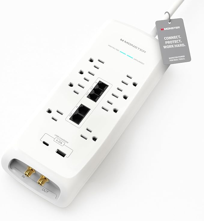 Monster Power Surge Protector w/ 4,050 Jules Rating — Heavy Duty Power Strips with Surge Protection, 8 Outlets, USB-A & USB-C, 2 Coax, 5 Ethernet Ports, Fireproof MOV, Dual Mode (6FT Cord, White)