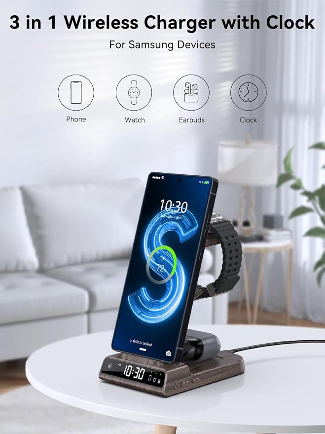 Wireless Charger for Samsung Charging Station with Clock for Samsung Galaxy S25 Ultra/S24 Ultra/Z Flip 7/Fold 6/Galaxy Bud, 3 in 1 Charger Station Watch Charger for Galaxy Watch 8/7/6/5Pro(Wood Grain)
